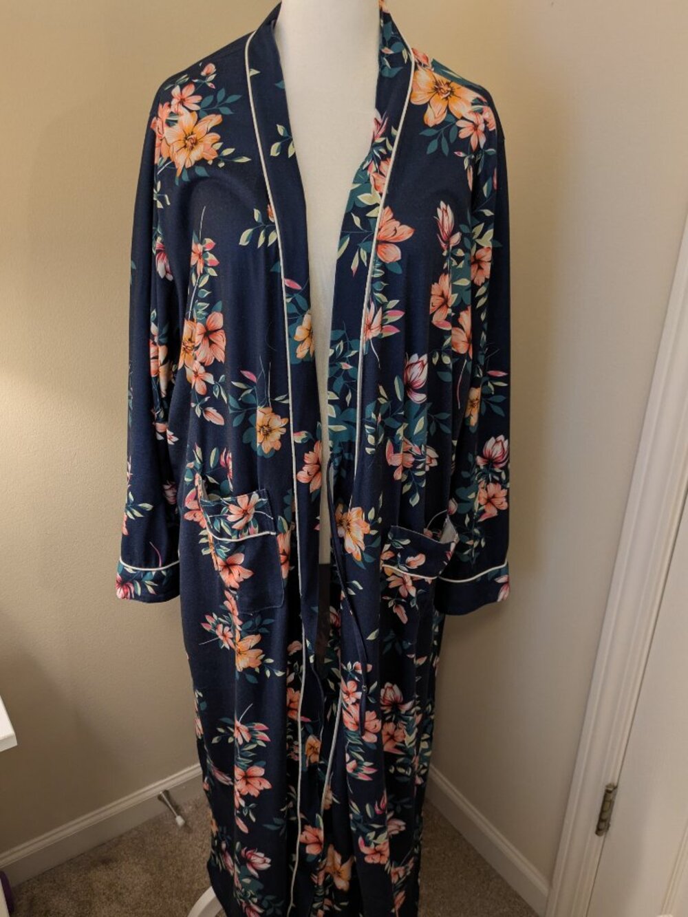 Floral Robe 2XL Navy Blue Lightweight Kimono Bathrobe Belted Lounge - Picture 3 of 4
